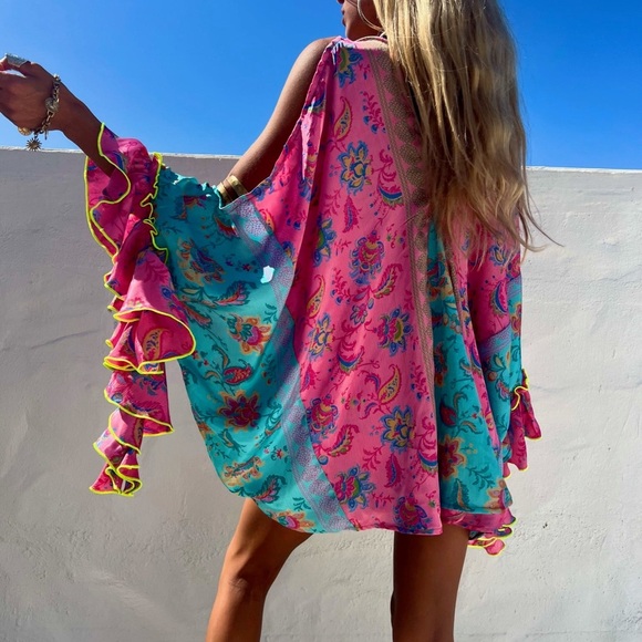 Vibrant Pink and Blue Floral Silk Kimono Festival Set - Picture 2 of 2